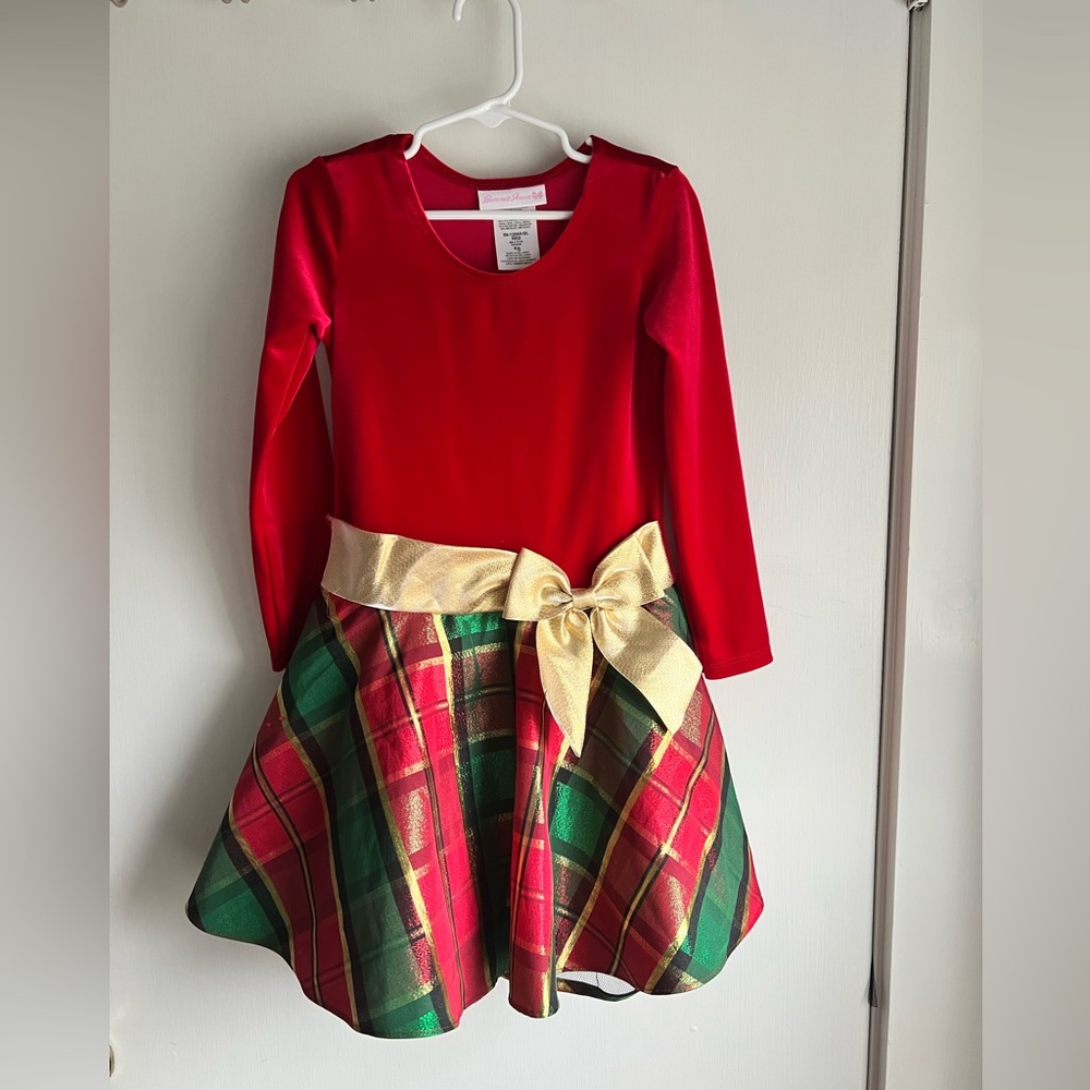 Girls Size 5 red velvet and plaid dress with gold bow